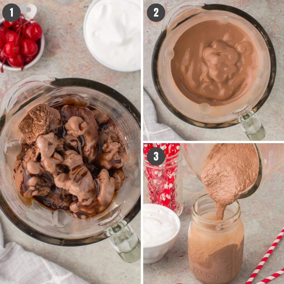 3 step collage showing how to make a chocolate milkshake in a blender
