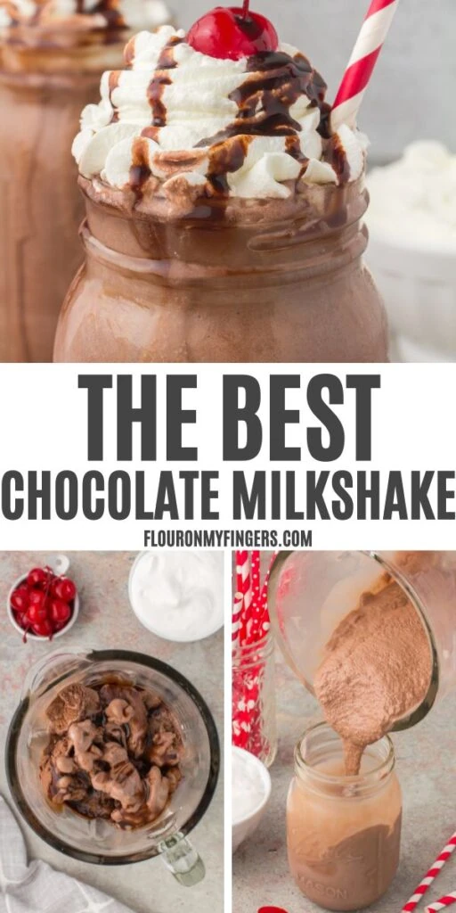 2 photo pin showing how to make the best homemade chocolate milkshake topped with whipped cream, chocolate syrup and cherries