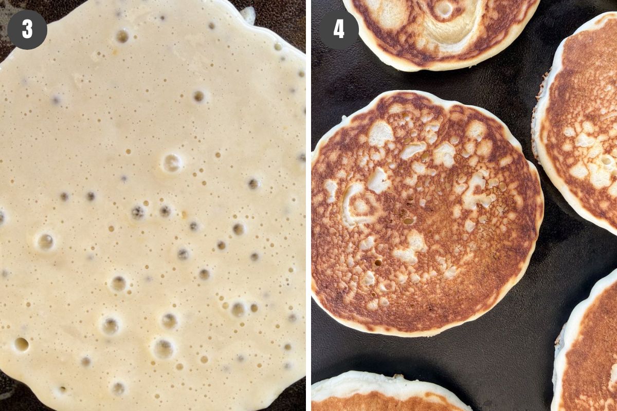2-step instructions showing how to cook pancakes on a black griddle