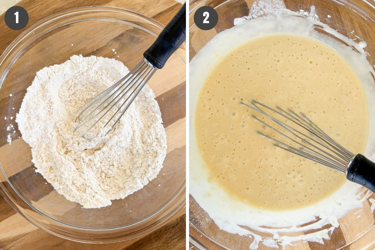 2-step instructions showing how to make pancake batter from scratch in a glass mixing bowl
