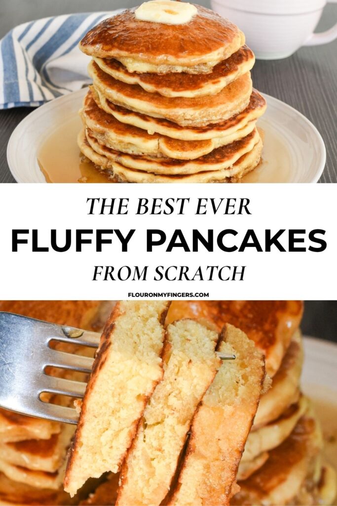 2-photo collage showing, top photo: stack of fluffy pancakes lathered in butter and maple syrup on a gray plate; bottom photo: holding up a bite of pancakes on a fork with a towering stack in the background